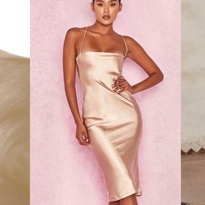 House of CB Satin Slip Midi Dress in Champagne